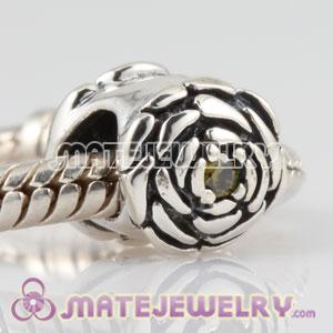 925 Sterling Silver Blooming Rose charm beads with olive CZ stones