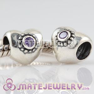 Authentic Sterling Silver Puffy Heart charm beads with purple Stone