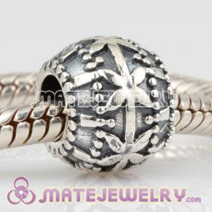 Antique 925 Sterling Silver Ribbon Flower Bed charm Beads fits European bracelet