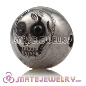 10×11mm Gun black plated Sterling Silver Skull Head Ball Bead with Black Crystal stone