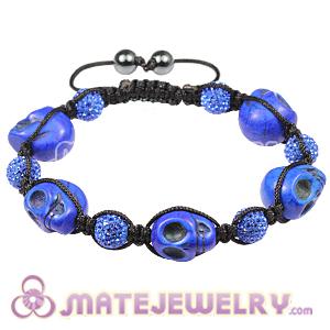 Skull Head Inspired Mens Macrame Bracelets with Pave Blue Crystal Bead and Hemitite