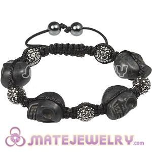 Black Skull Head Inspired Macrame Bracelets with Pave Crystal Bead and Hemitite