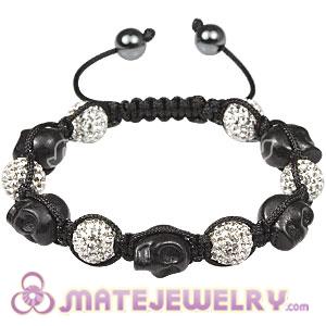 Black Skull Head Inspired Macrame Bracelets with Pave Crystal Bead and Hemitite