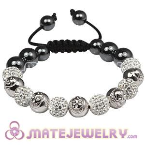 Sterling Silver Skull Head Beads Macrame Bracelets with Pave Czech Crystal and Hematite 
