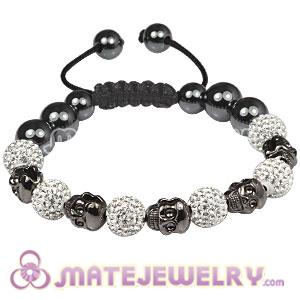 Gun Black Plated Silver Skull Head Beads Macrame Bracelets with Pave Czech Crystal and Hematite 