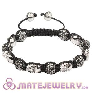 Sterling Silver Skull Head Beads Mens String Bracelet With Pave Crystal Bead