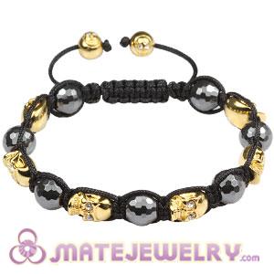 Gold Plated Silver Skull Head Beads Mens String Bracelet With Faceted Hematite
