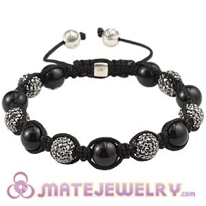 10mm Black Agate Men Macrame Bracelet With Pave Crystal Bead And Silver Bead
