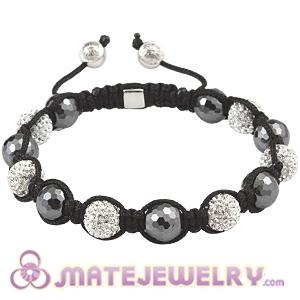 Faceted Hematite Men Macrame Bracelet With Pave Crystal Bead And Silver Bead