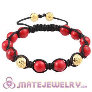 Red Coral Bead Men Macrame Bracelet With Gold Plated Silver Logo Bead