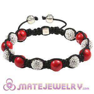 Red Coral Bead Men Macrame Bracelet With Silver Bead And Pave Crystal Bead