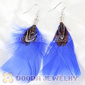 Natural Blue And Grizzly Rooster Feather Earrings With Alloy Fishhook Wholesale