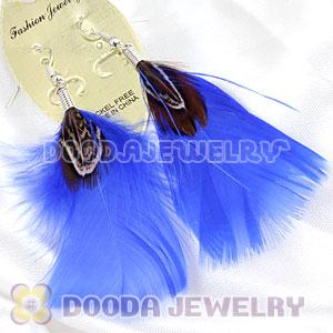 Natural Blue And Grizzly Rooster Feather Earrings With Alloy Fishhook Wholesale