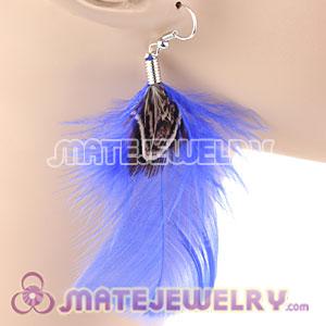 Natural Blue And Grizzly Rooster Feather Earrings With Alloy Fishhook 