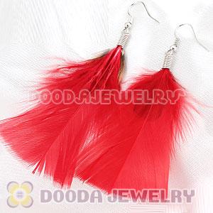 Natural Red And Grizzly Rooster Feather Earrings With Alloy Fishhook Wholesale