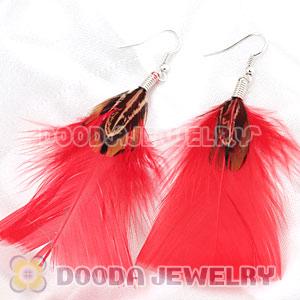Natural Red And Grizzly Rooster Feather Earrings With Alloy Fishhook Wholesale