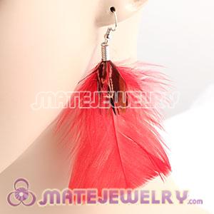 Natural Red And Grizzly Rooster Feather Earrings With Alloy Fishhook 