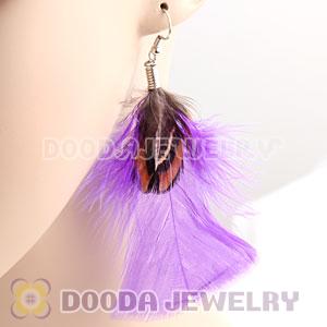 Natural Purple And Grizzly Rooster Feather Earrings With Alloy Fishhook Wholesale