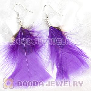 Natural Purple And Grizzly Rooster Feather Earrings With Alloy Fishhook Wholesale