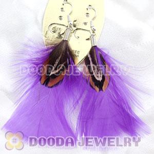 Natural Purple And Grizzly Rooster Feather Earrings With Alloy Fishhook Wholesale