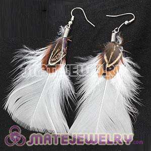 Natural Snow White And Grizzly Rooster Feather Earrings With Alloy Fishhook 