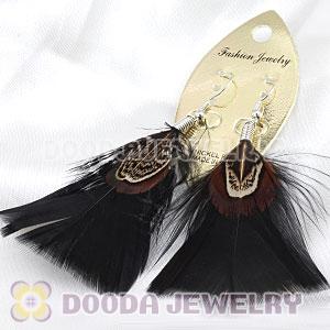Natural Black And Grizzly Rooster Feather Earrings With Alloy Fishhook Wholesale