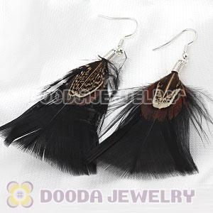 Natural Black And Grizzly Rooster Feather Earrings With Alloy Fishhook Wholesale