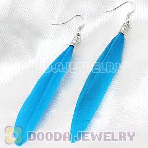 Natural Blue Rooster Feather Earrings With Alloy Fishhook Wholesale