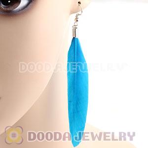 Natural Blue Rooster Feather Earrings With Alloy Fishhook Wholesale