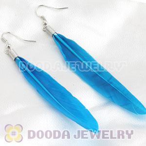 Natural Blue Rooster Feather Earrings With Alloy Fishhook Wholesale
