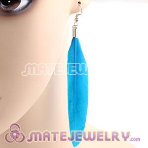Natural Blue Rooster Feather Earrings With Alloy Fishhook 