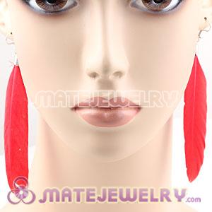 Natural Red Rooster Feather Earrings With Alloy Fishhook 
