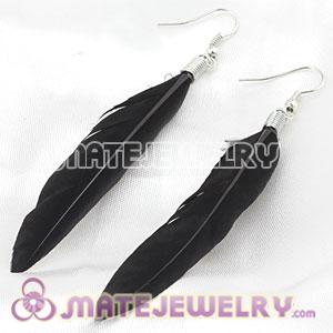Natural Black Rooster Feather Earrings With Alloy Fishhook 