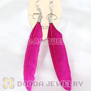 Natural Magenta Rooster Feather Earrings With Alloy Fishhook Wholesale