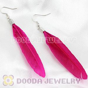 Natural Magenta Rooster Feather Earrings With Alloy Fishhook Wholesale