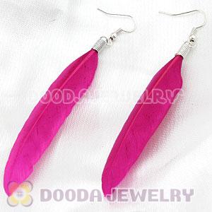Natural Magenta Rooster Feather Earrings With Alloy Fishhook Wholesale