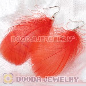 Natural Red Fluff Rooster Feather Earrings With Alloy Fishhook Wholesale
