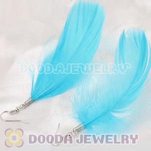 Natural Cyan Fluff Rooster Feather Earrings With Alloy Fishhook Wholesale