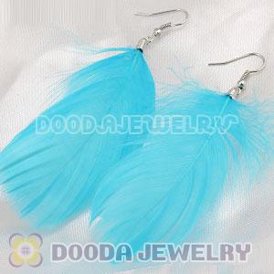 Natural Cyan Fluff Rooster Feather Earrings With Alloy Fishhook Wholesale