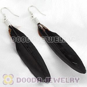 Natural Black And Grizzly Rooster Feather Earrings With Alloy Fishhook Wholesale