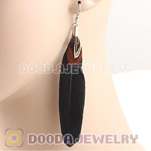 Natural Black And Grizzly Rooster Feather Earrings With Alloy Fishhook Wholesale