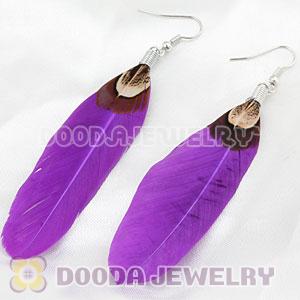 Natural Purple And Grizzly Rooster Feather Earrings With Alloy Fishhook Wholesale