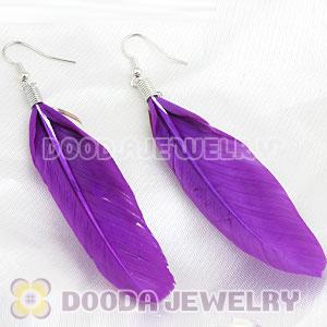 Natural Purple And Grizzly Rooster Feather Earrings With Alloy Fishhook Wholesale