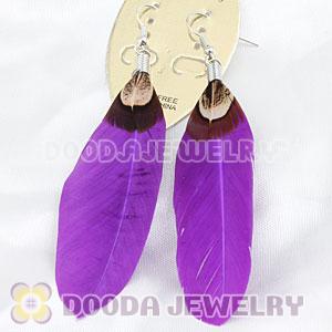 Natural Purple And Grizzly Rooster Feather Earrings With Alloy Fishhook Wholesale