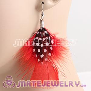Red And Grizzly Flakes Feather Earrings With Alloy Fishhook 