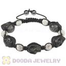 Black Skull Head Inspired Mens String Bracelets with Pave White Czech Crystal and Hemitite