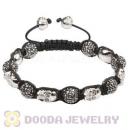 Sterling Silver Skull Head Beads Mens String Bracelet With Pave Crystal Bead
