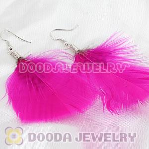 Magenta And Grizzly Flakes Feather Earrings With Alloy Fishhook Wholesale
