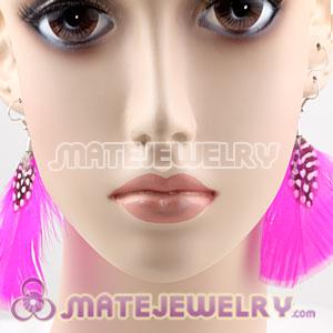 Magenta And Grizzly Flakes Feather Earrings With Alloy Fishhook 