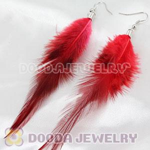 Red Handmade Rooster Feather Earrings With Alloy Fishhook Wholesale
